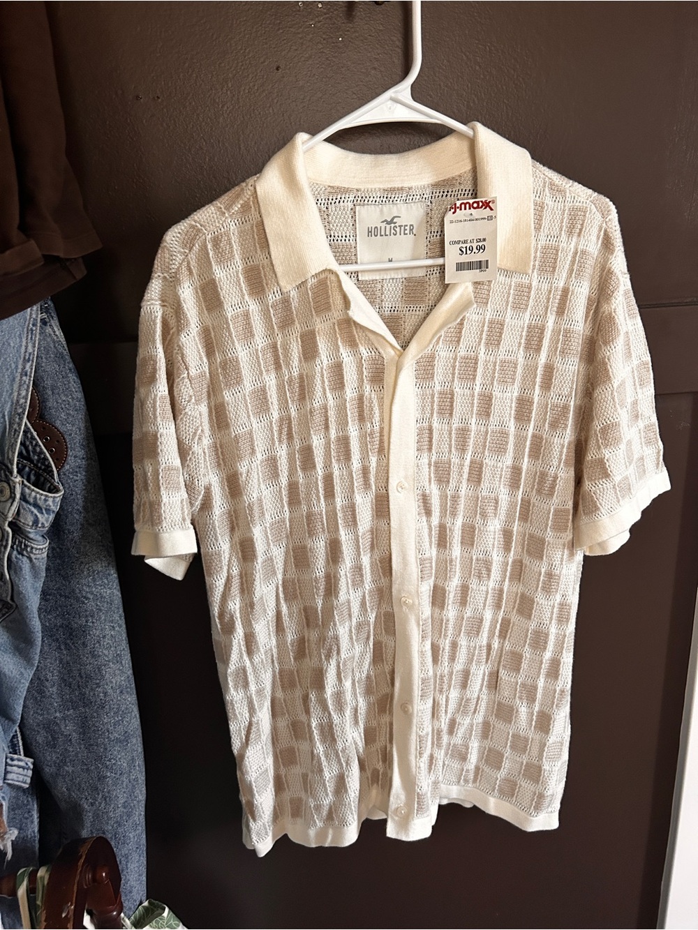 Hollister Men's Cream Short-Sleeve Textured Knit Polo